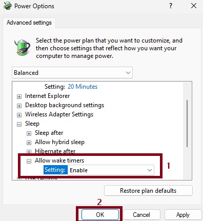 Enabling Wake Timers in Windows Power Settings